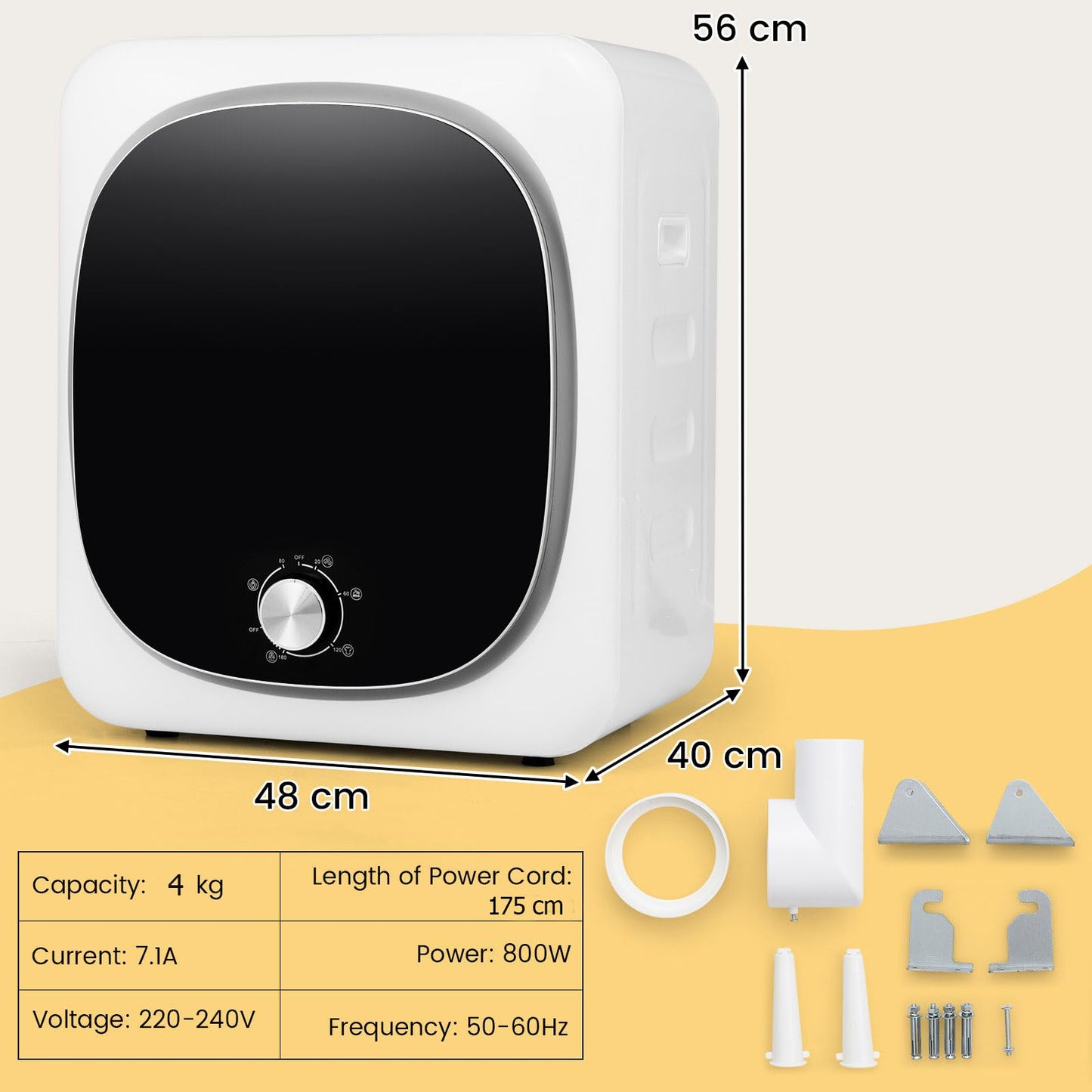 4kg Mini Vented Tumble Dryer, 800W Compact Laundry Dyer with 5 Drying Modes