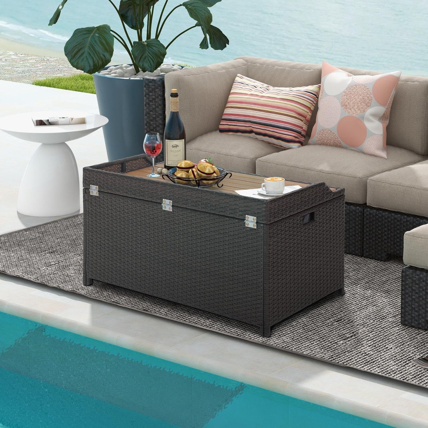 170L Waterproof PE Rattan Outdoor Storage Box with Acacia Wood Sit-on Lid