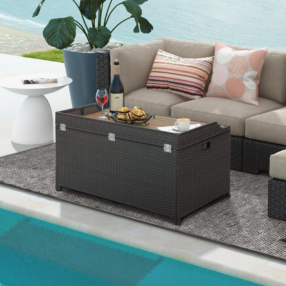 170L Waterproof PE Rattan Outdoor Storage Box with Acacia Wood Sit-on Lid