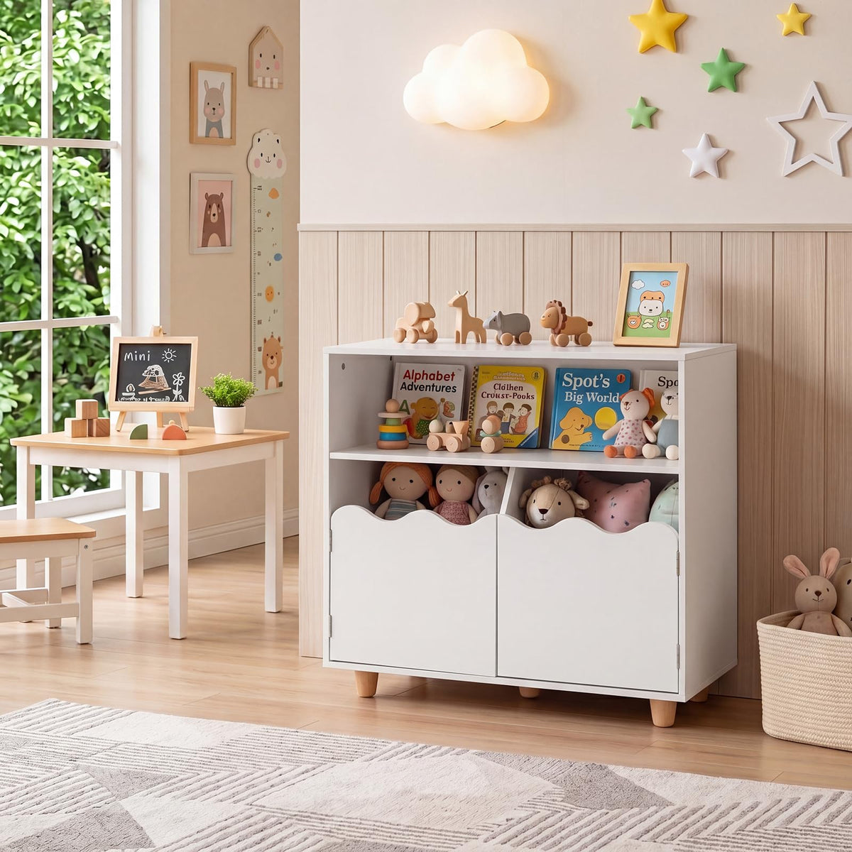 Wooden Bookshelf with 2 Anti-Toppling Devices and Top Surface Open Compartment