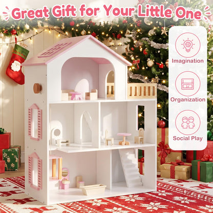 3-Story Wooden Dollhouse Playset with 5 Rooms and Furniture Accessories