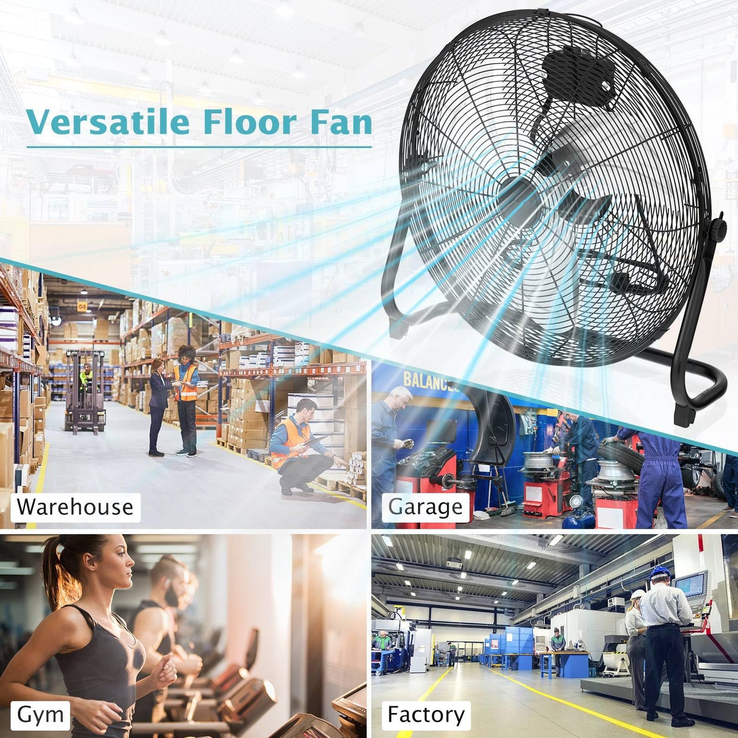 160W High Velocity Floor Fan with 3 Speed and Adjustable Tilting Head