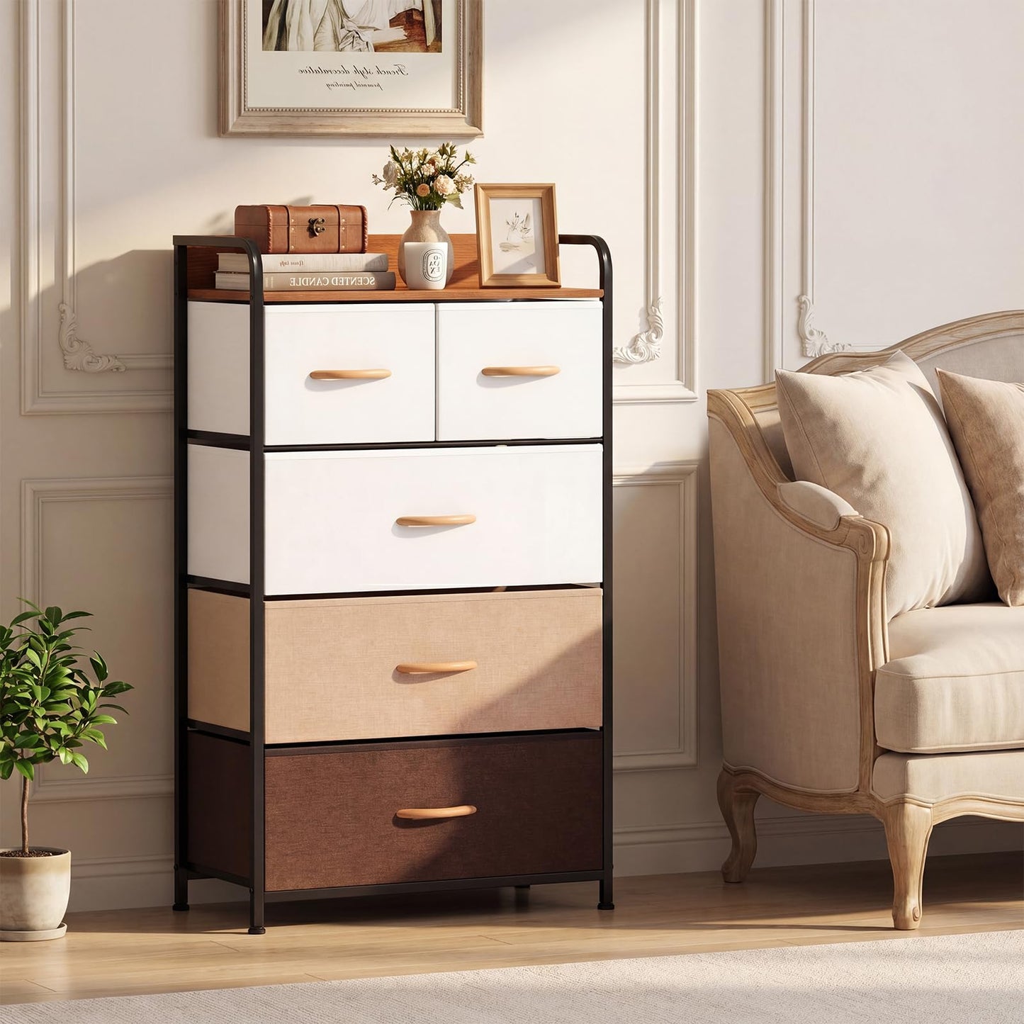5-Drawer Tall Narrow Fabric Dresser with Removable Fabric Bins