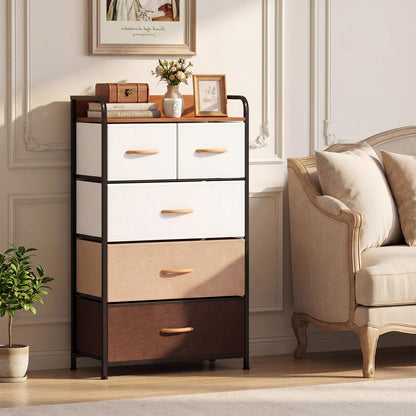 5-Drawer Tall Narrow Fabric Dresser with Removable Fabric Bins