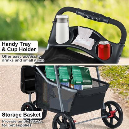 Pet Stroller with Adjustable Canopy and 3 Shock-absorbing Wheels