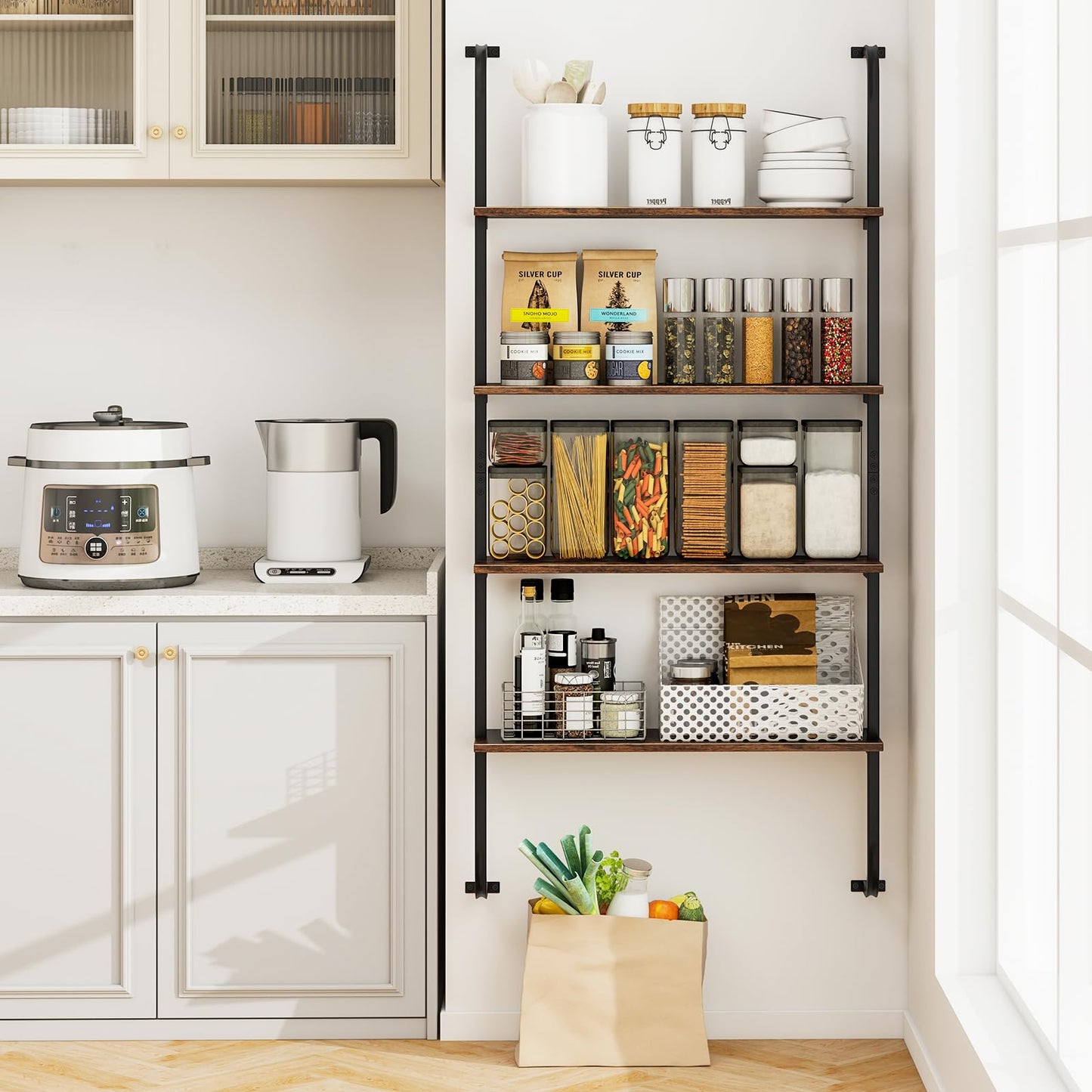 4 Tier Wall Mounted Industrial Pipe Shelving Wood Floating Shelves