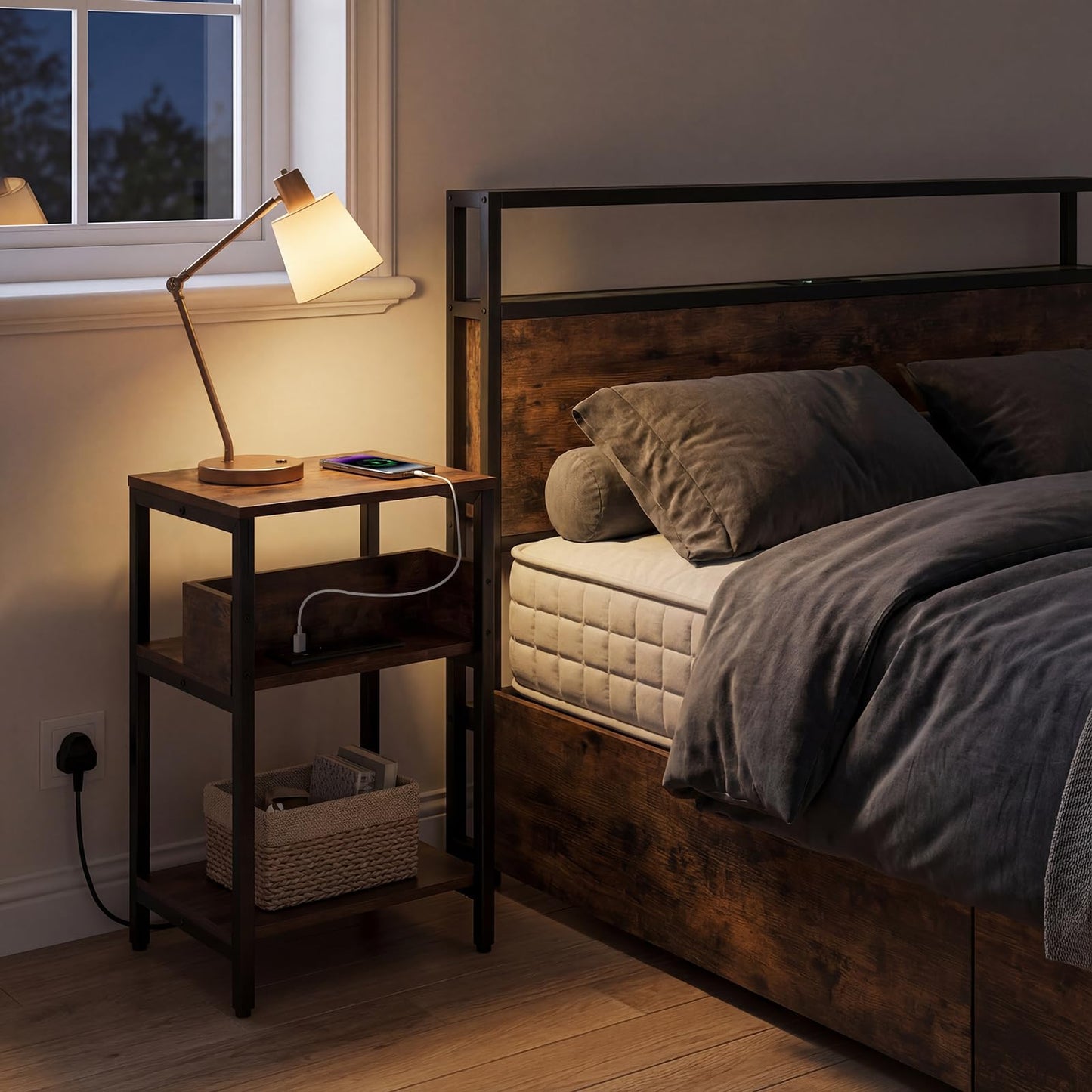 Side Table with Charging Station, 3-Tier Industrial Nightstand Bedside Table