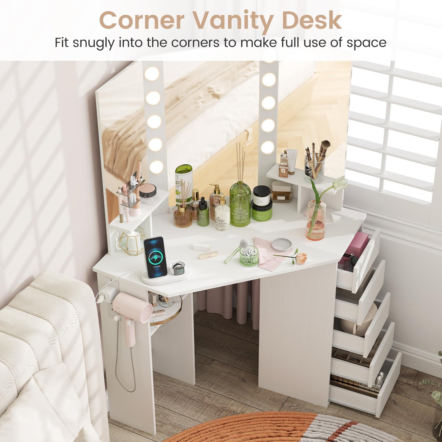 Corner Dressing Table with 3-Angle LED Lights Mirrors & Charging Station