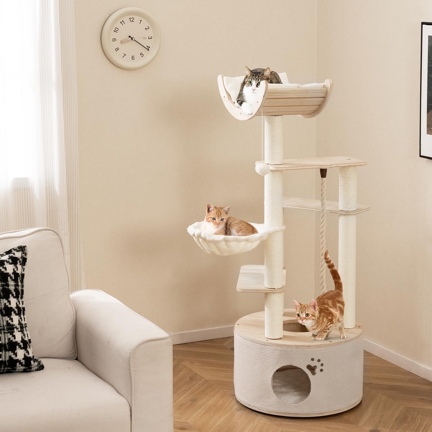 141cm Tall Wooden Cat Tree for Indoor Cats Solid Plywood Multi-Level Kitten Tower