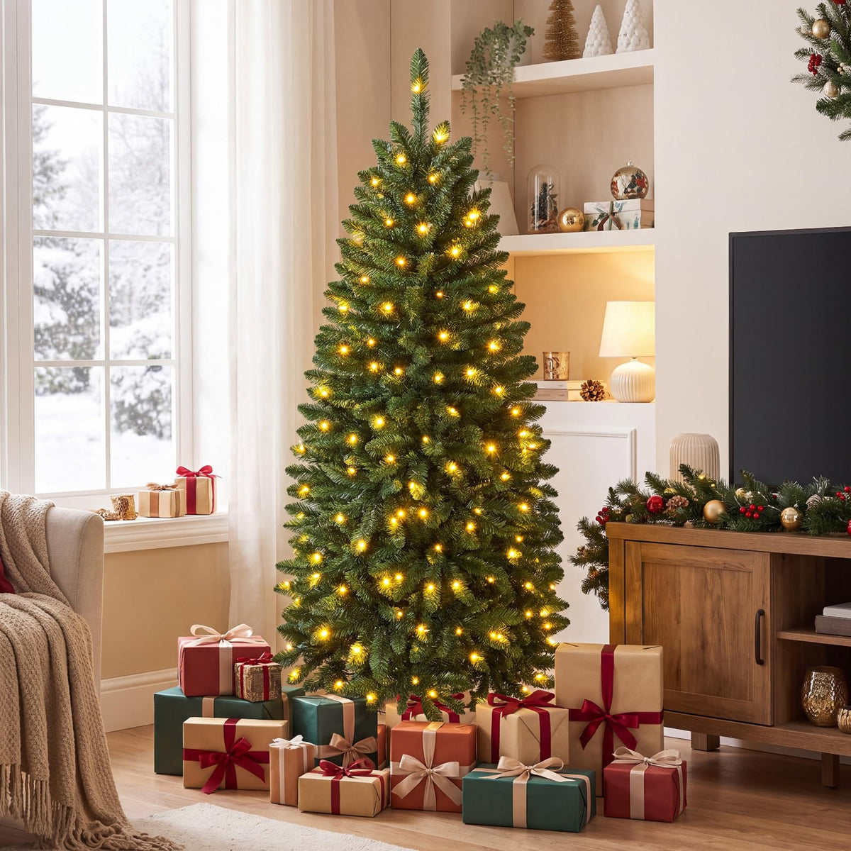 5/6/7FT Pre-lit Christmas Tree, Hinged Xmas Tree