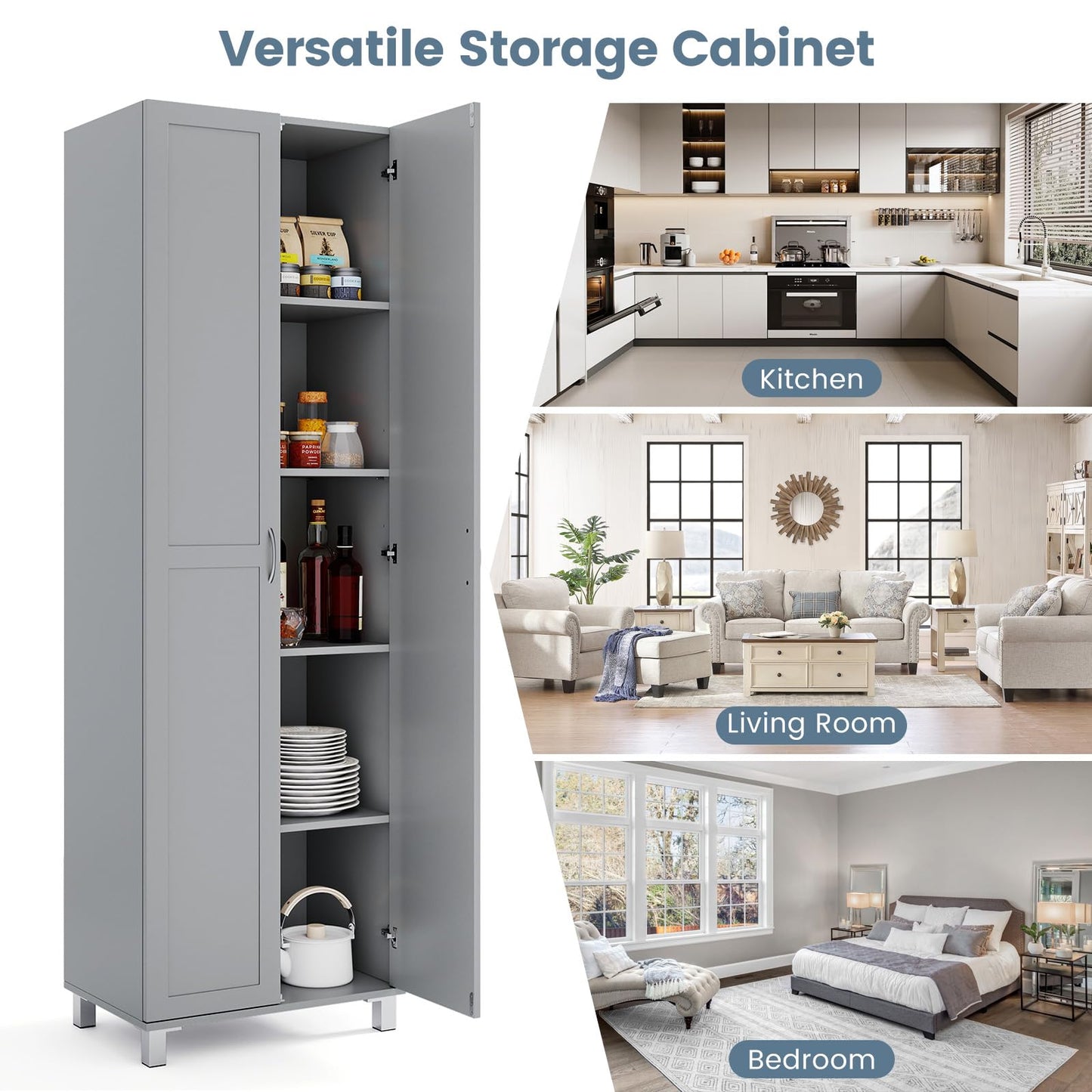 Double Door Tall Storage Cabinet with Adjustable Shelf and Anti tilt Design