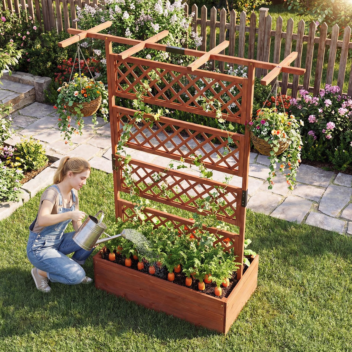 Wooden Planter Box Raised Garden Bed with Lattice Trellis