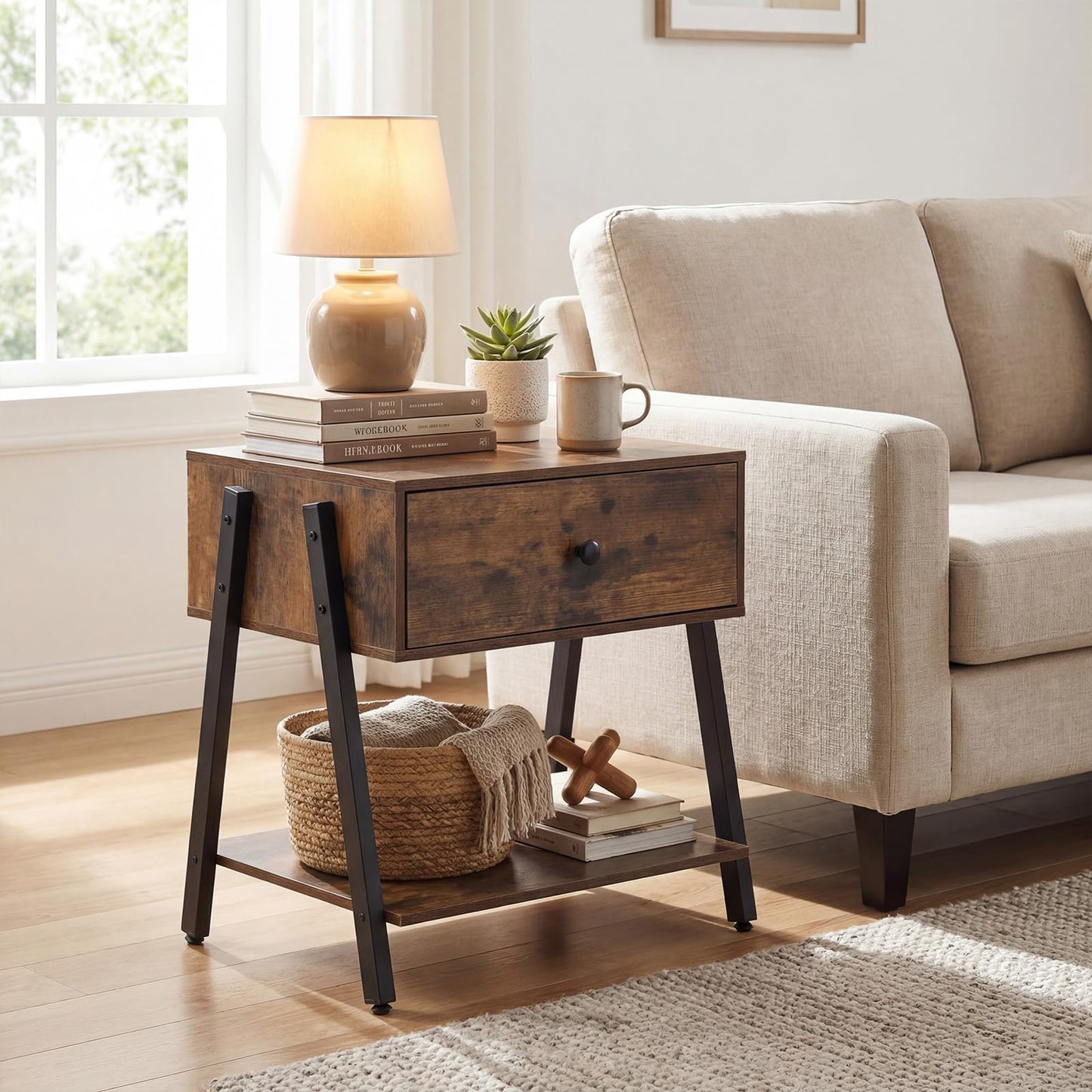 Bedside Table with Drawer, Industrial Nightstand End Sofa Side Table with Open Storage Shelf