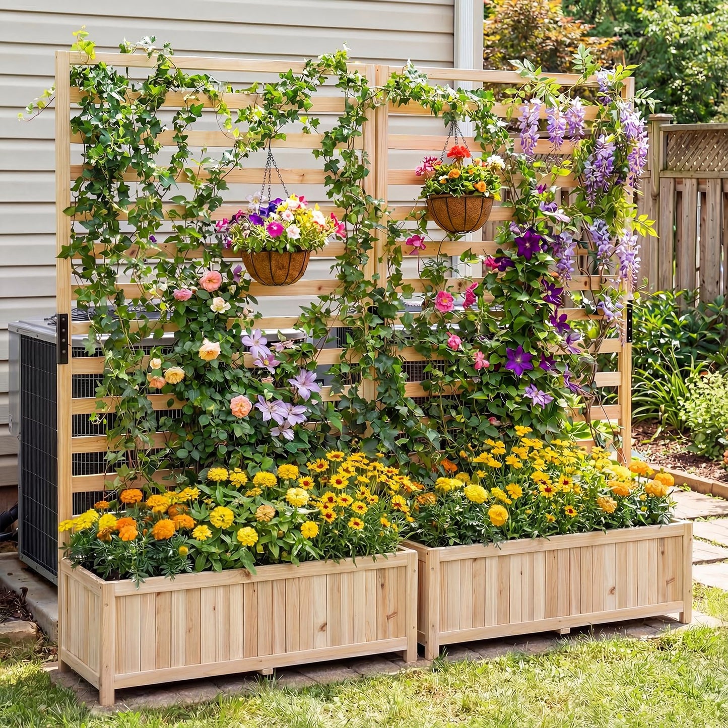 Wooden Planter with Trellis, Raised Garden Bed with Liner, Drainage Design