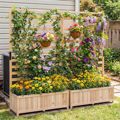 Wooden Planter with Trellis, Raised Garden Bed with Liner, Drainage Design