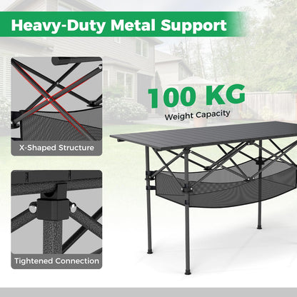 Patio Folding Camping Table Picnic Table with Aluminum Roll-up Tabletop