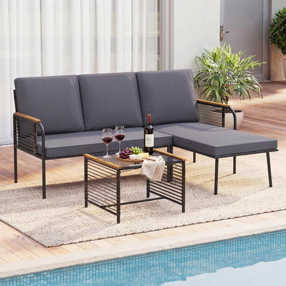3 Pieces Wicker Furniture Set with Tempered Glass Side Table