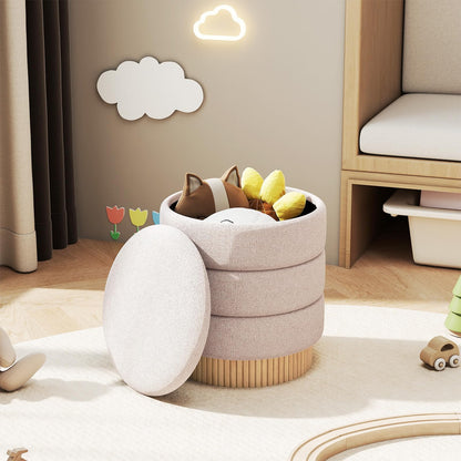 Modern Round Storage Ottoman with Removable Lid and Solid Wood Base