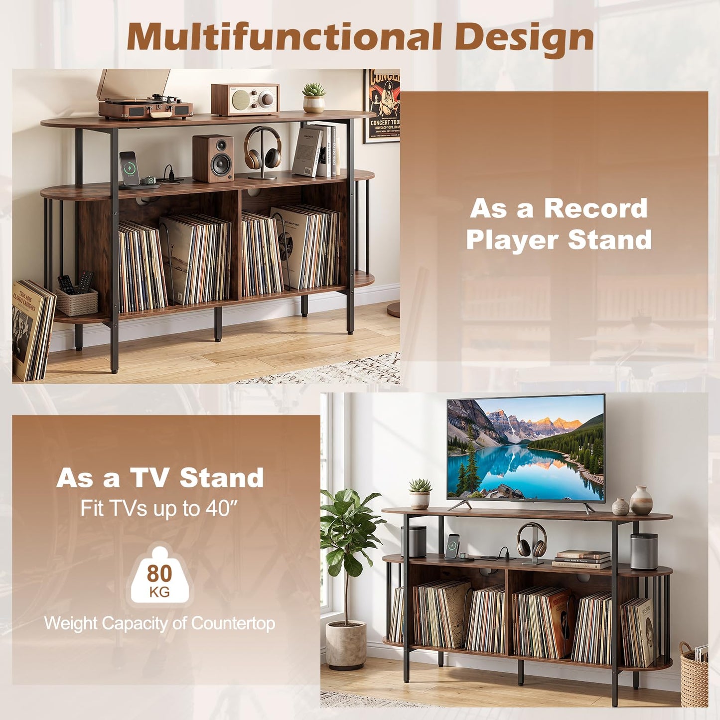 Record Player Stand with Charging Station,LED Lights