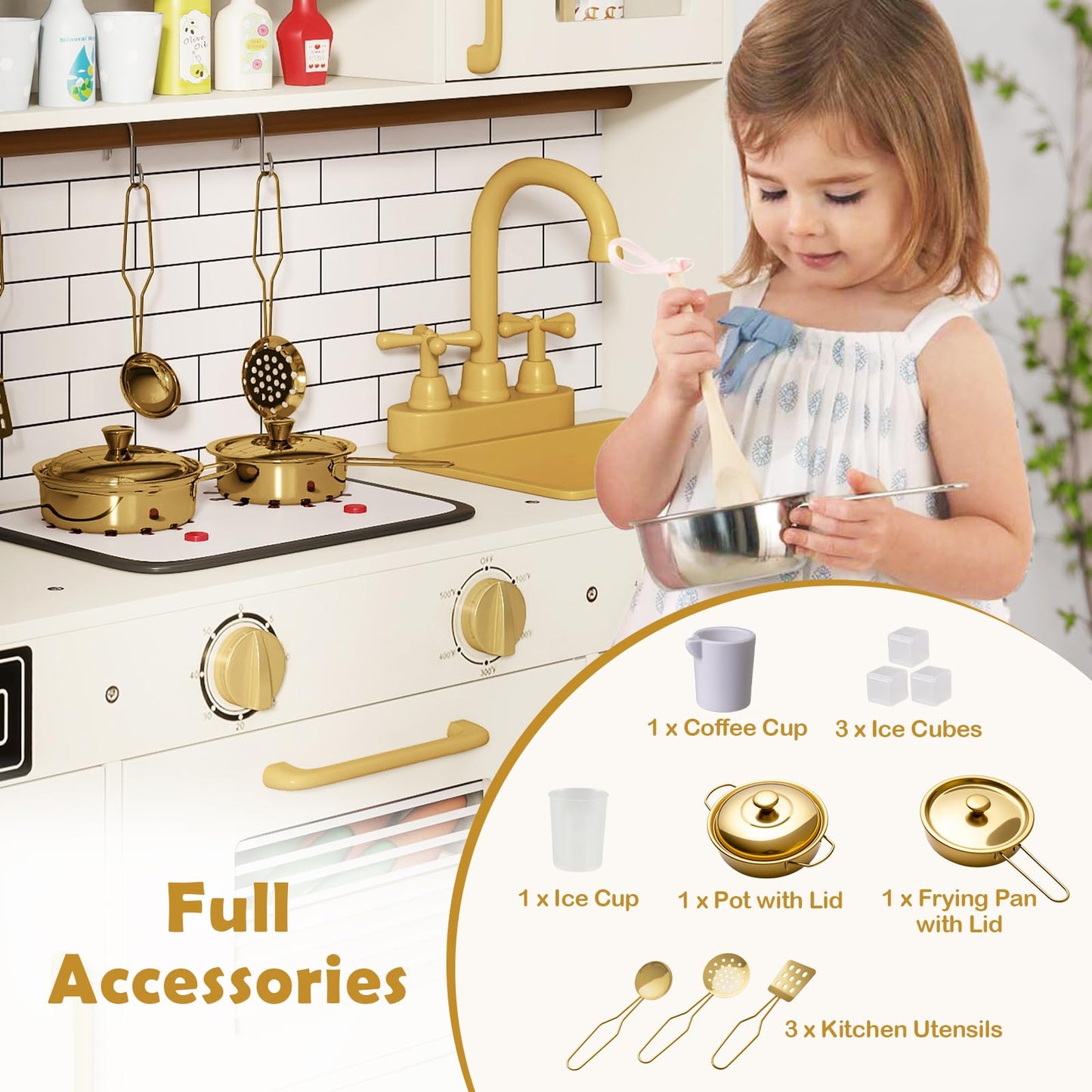 Kids Play Kitchen, Wooden Pretend Toy Kitchen with Realistic Lights