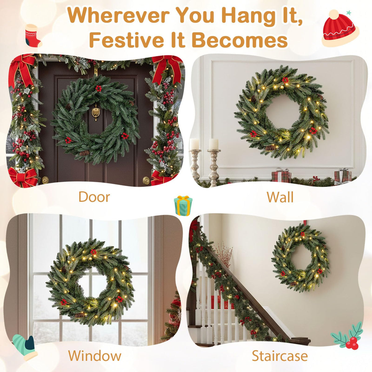 60cm/24inch Pre-Lit Christmas Wreath with LED Lights