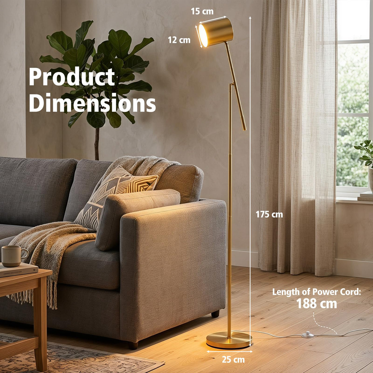 Metal Floor Lamp with Adjustable Height and Angle for Bedroom