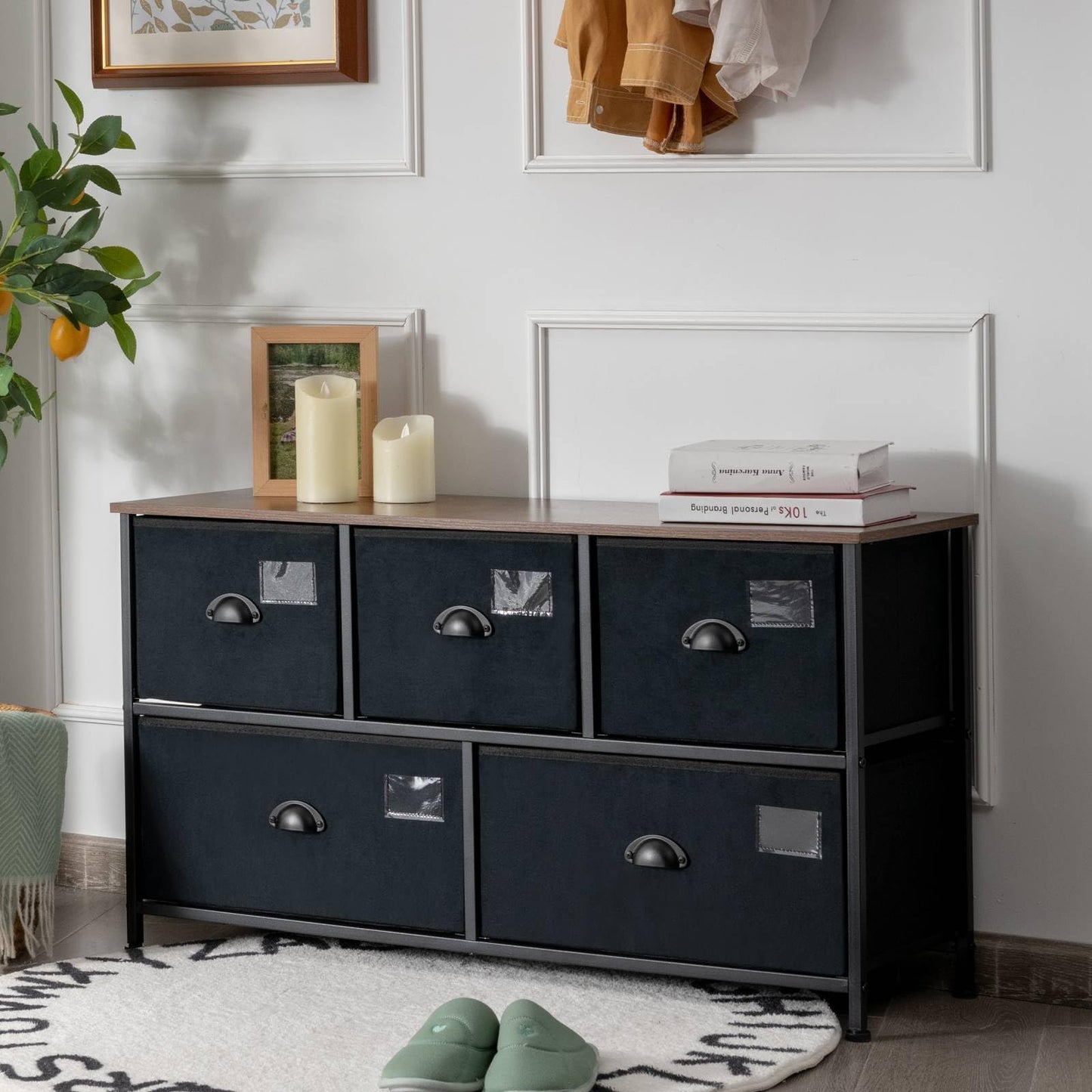 5-Drawer Storage Dresser with Labels and Removable Fabric Bins
