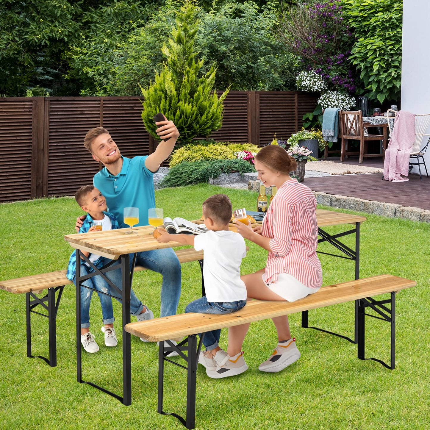 3 Pieces Folding Picnic Table and Bench Set Wooden Beer Table Set