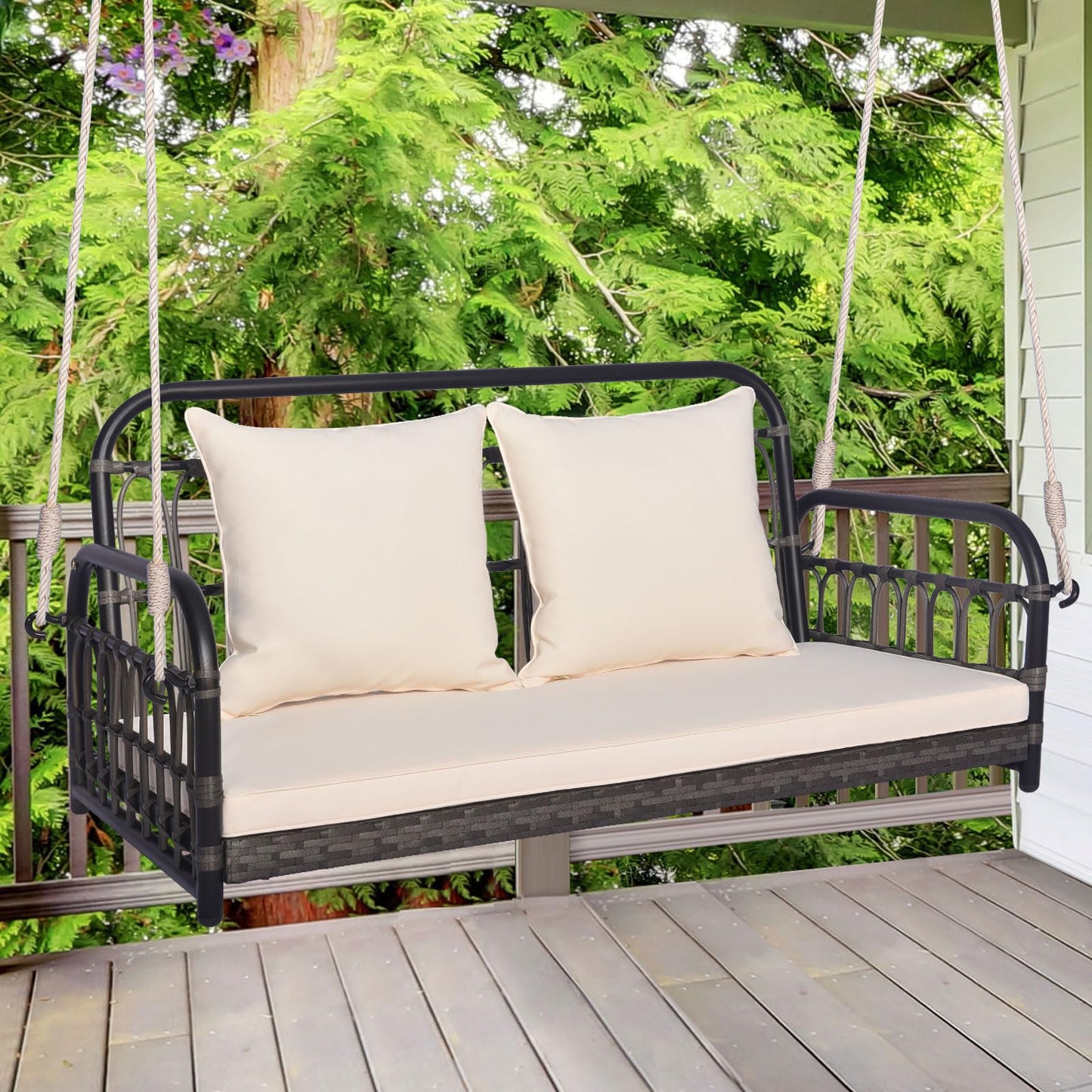 2-Person Patio Wicker Swing Chair with Removable Cushions for Garden, Poolside, Backyard