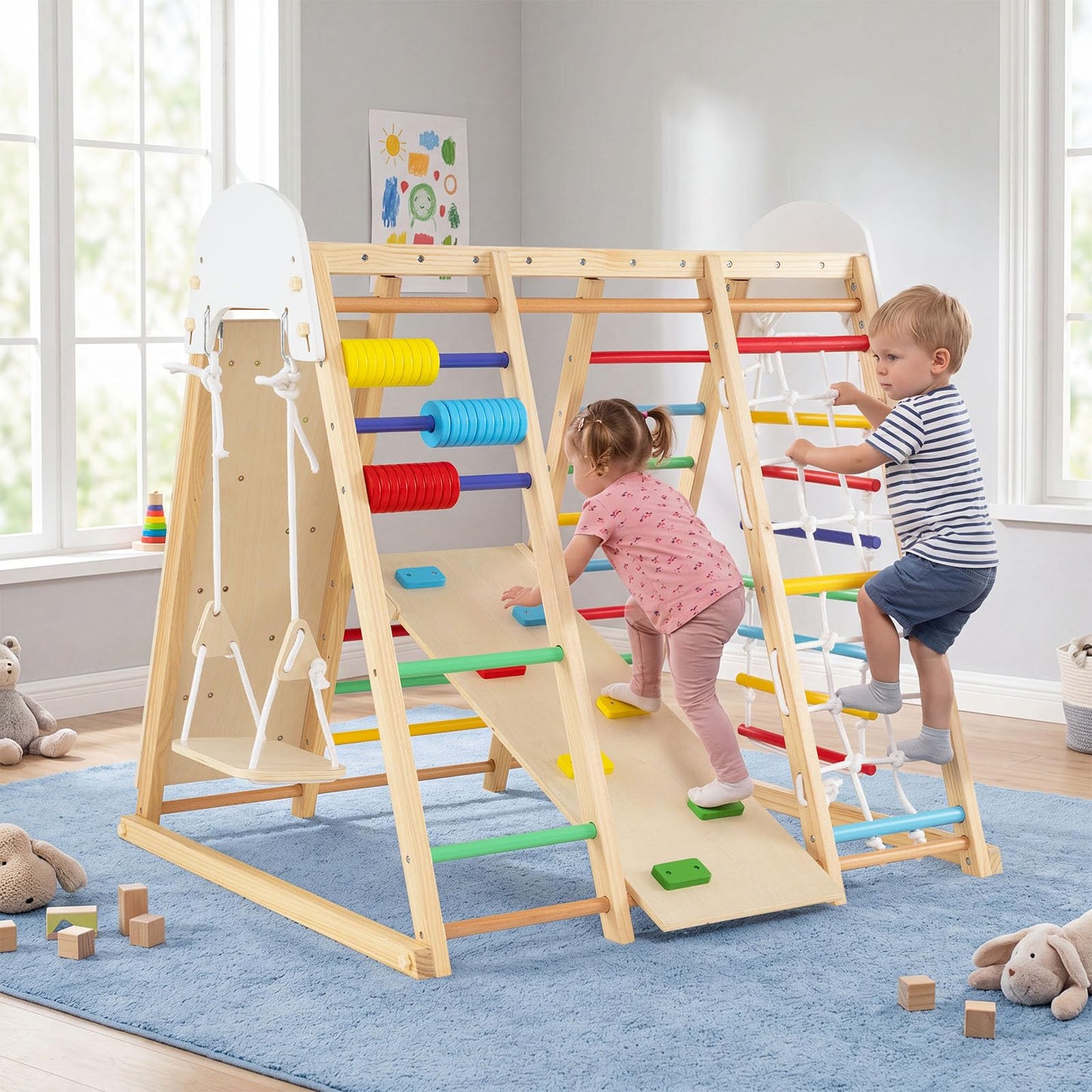 Indoor Climbing Frame, 8 in 1 Wooden Kids Jungle Gym with Swing