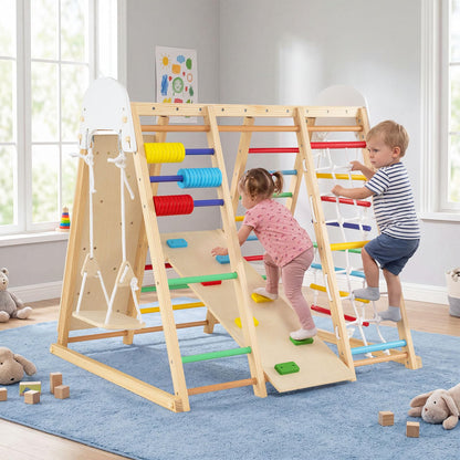 Indoor Climbing Frame, 8 in 1 Wooden Kids Jungle Gym with Swing