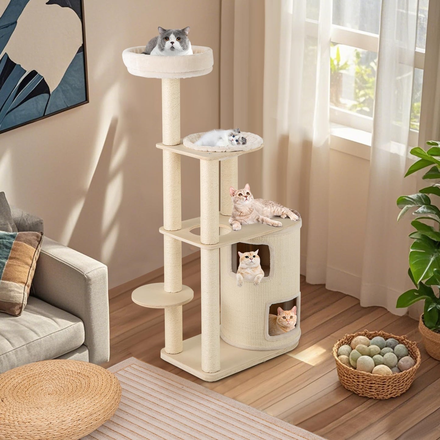 151cm Wooden Cat Climbing Tower with 2-Story Condo