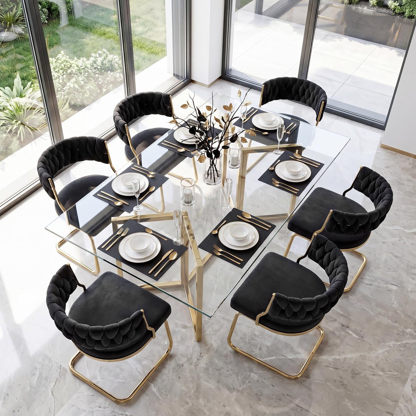 2 Pieces Velvet Dining Chairs with Curved Back and Sled Metal Base
