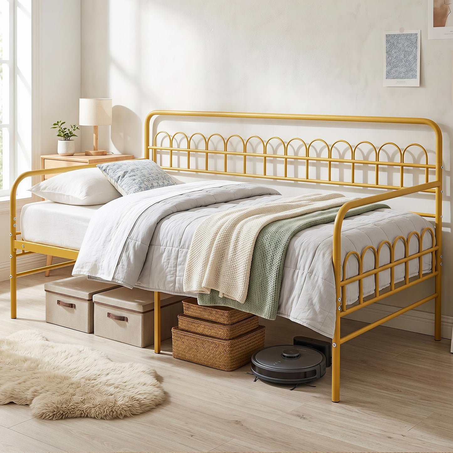 Single Daybed with Trundle and Curved Backrest and Armrests No Box Spring Needed