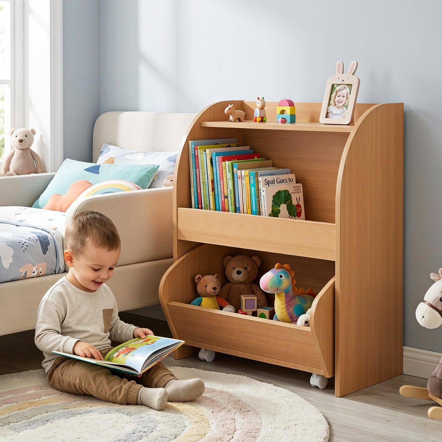 Toy Storage Organizer, Kids Bookcase with Movable Drawer