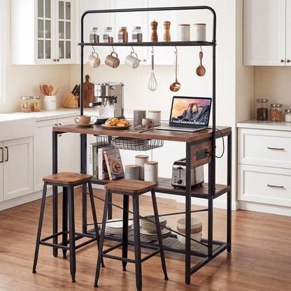 Kitchen Island with Power Outlet, Metal Coffee Bar Table with3 Open Shelves, 6 Hooks & Pull-out Basket, Industrial Bakers Rack Stationary Storage Island for Dining Room,