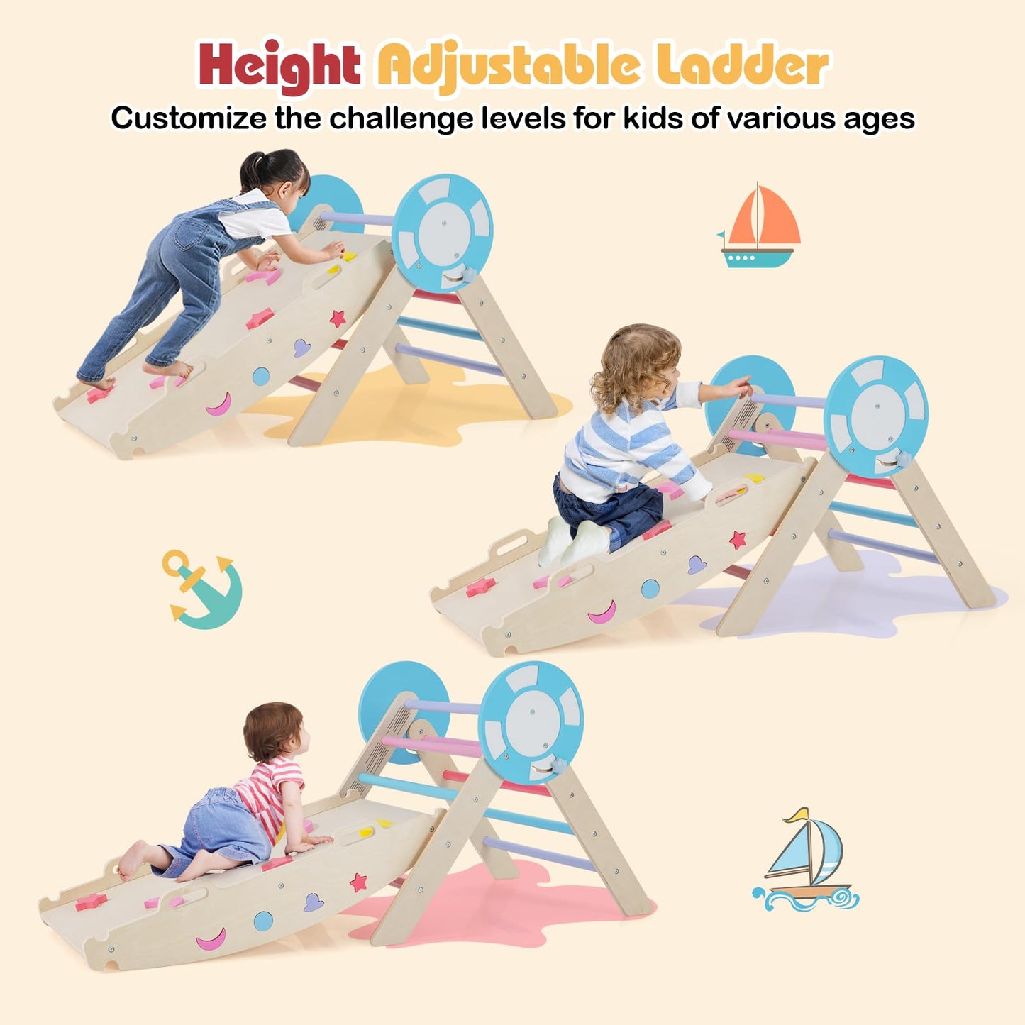 7 in 1 Kids Climbing Frame, Wooden Toddler Climbing Set with Reversible Ramp