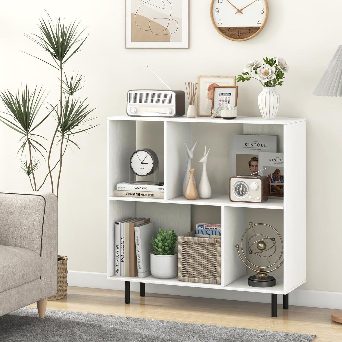 Mid Century Modern Minimalist Cube Bookshelf with 4 Compartments