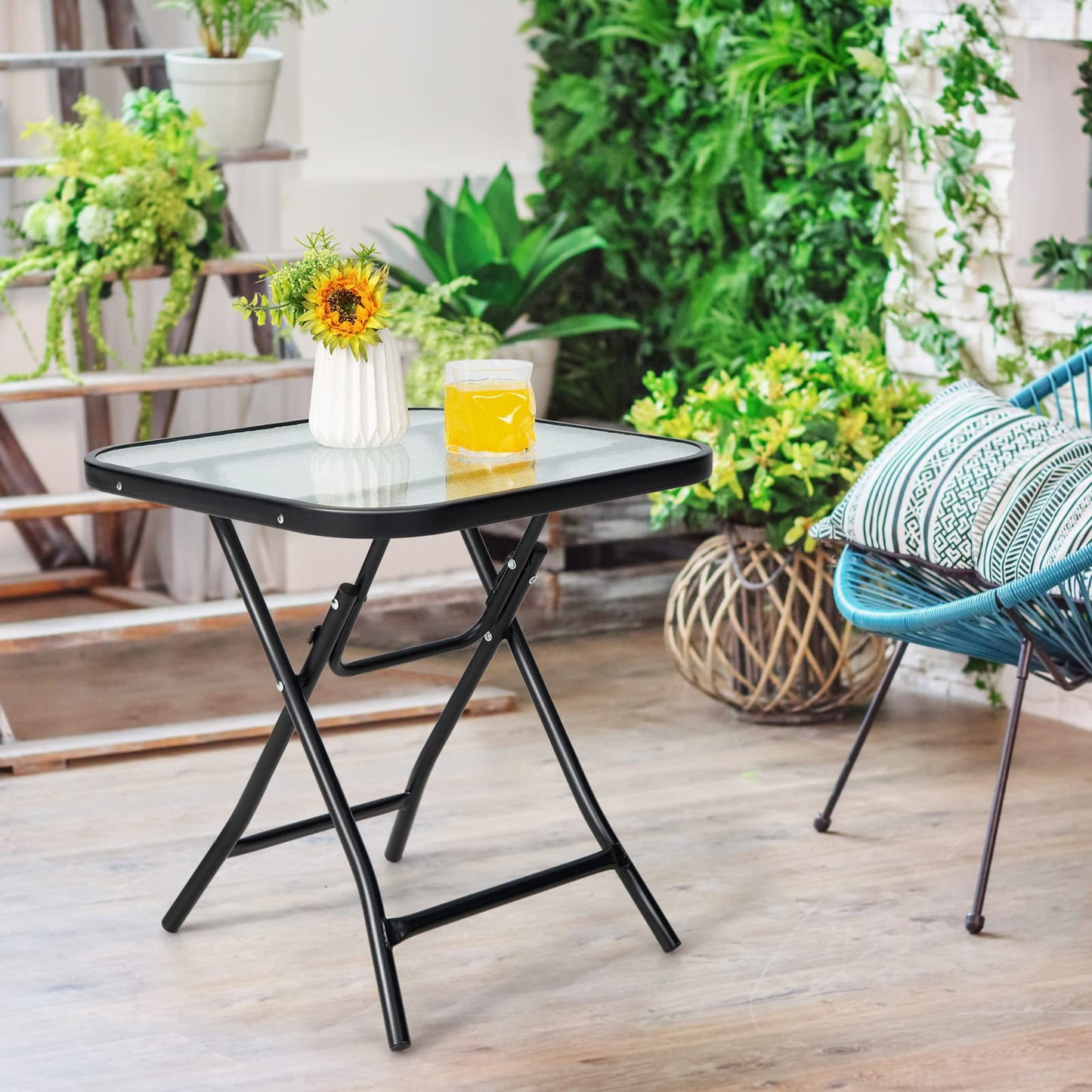 46cm Folding Garden Tempered Glass Top Square Side Table