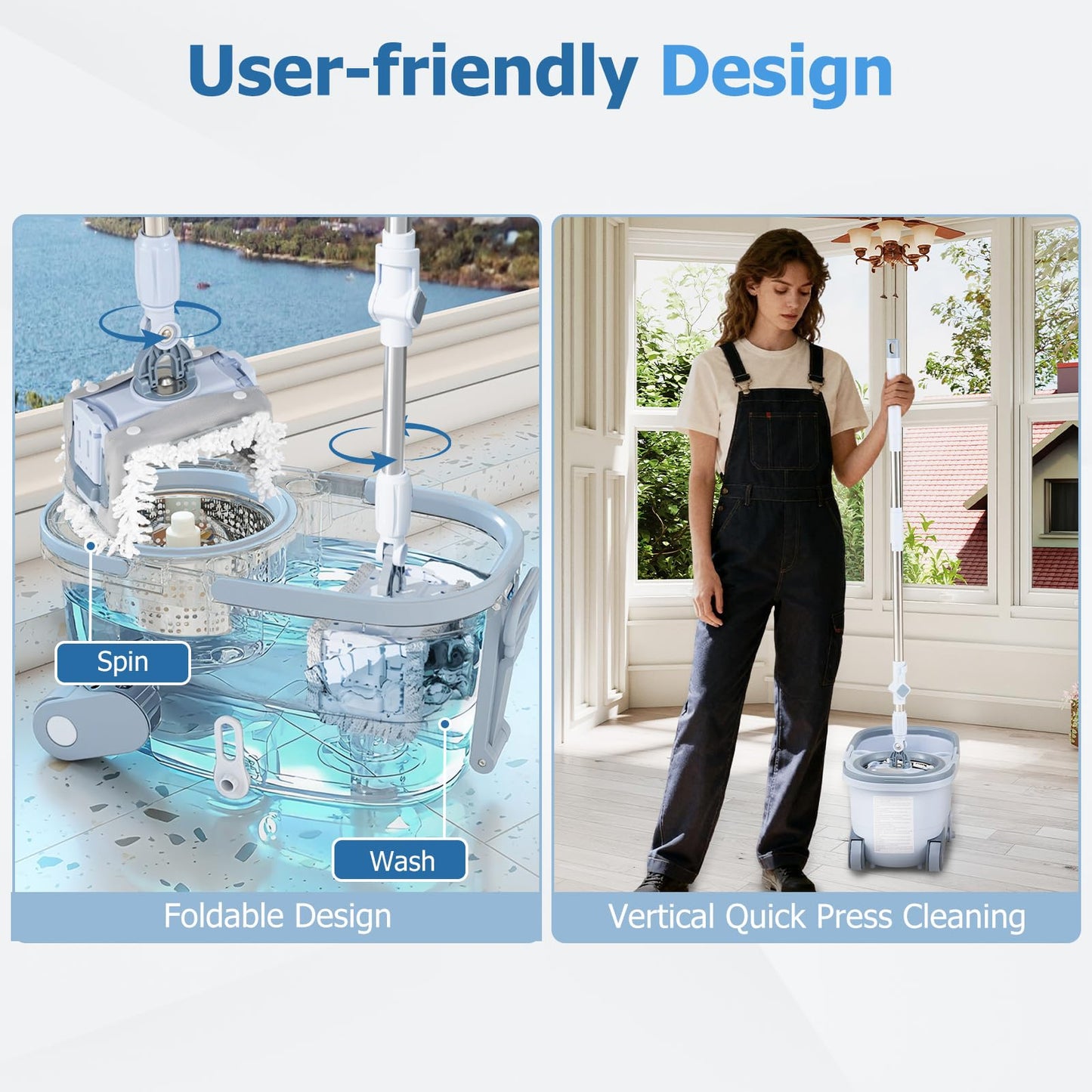 Mop and Bucket Set Hands-Free Washing with Dual Tank Design