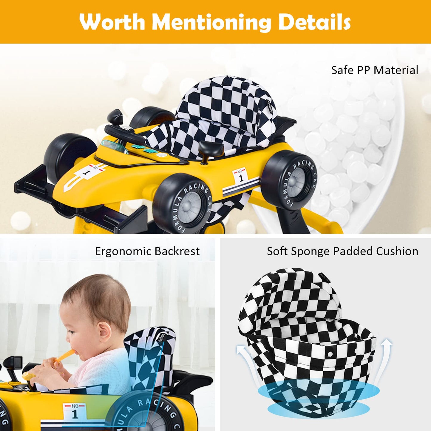 4-in-1 Baby Walker Foldable Push Along Walkers with Adjustable Height & Speed