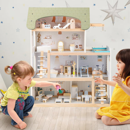 Wooden Dollhouse with 33 PCS Furniture Accessories for Girls and Boys