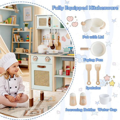 Kids Play Kitchen Wooden Pretend Kitchen Playset with Rattan Doors Wood Legs