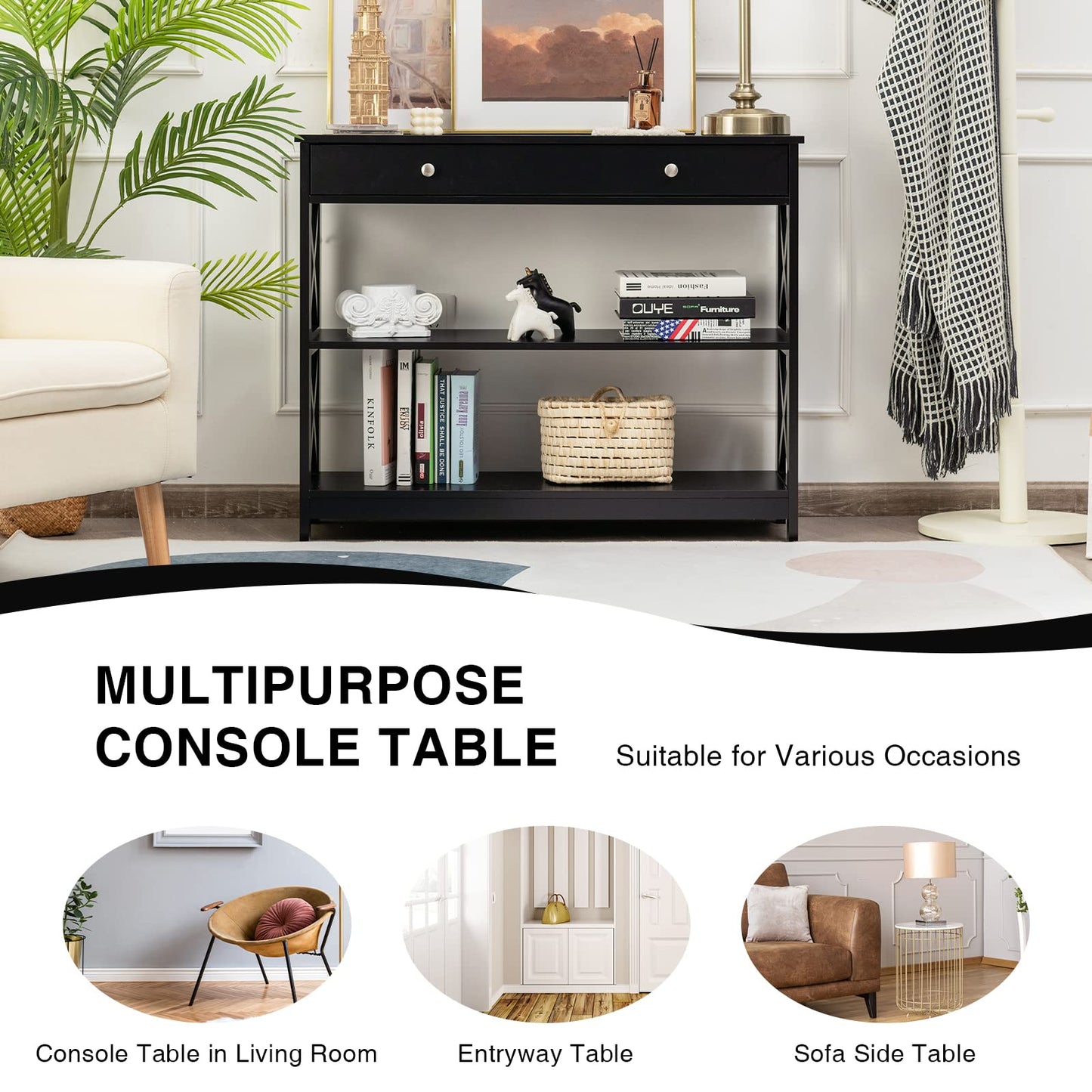 X-Shaped Sofa Side End Table with Drawer and 2 Storage Shelves