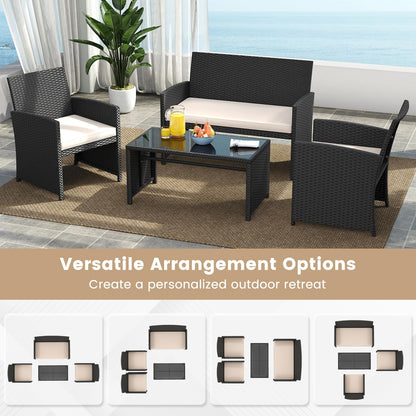 4 Piece Patio Rattan Conversation Set Wicker Loveseat Armchairs