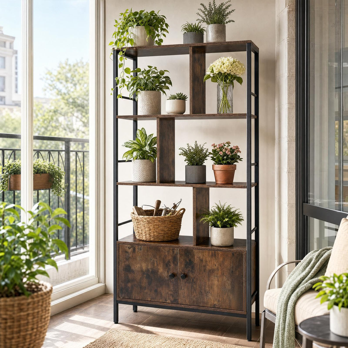 Modern Bookcase with Steel Frame 3-Tier Shelves and 2-Door Cabinet for Living Room