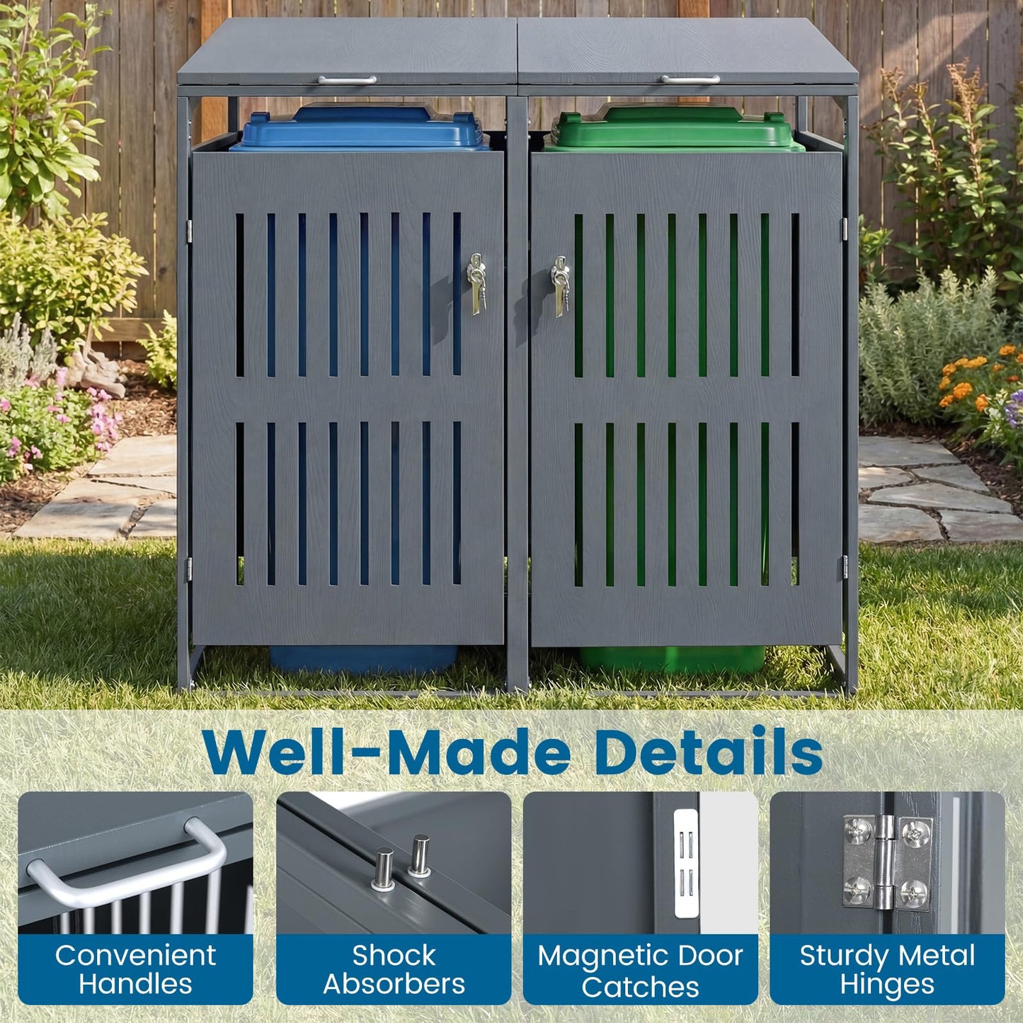Double Wheelie Bin Storage, 240L Metal Garden Bin Hideaway with Gas Struts