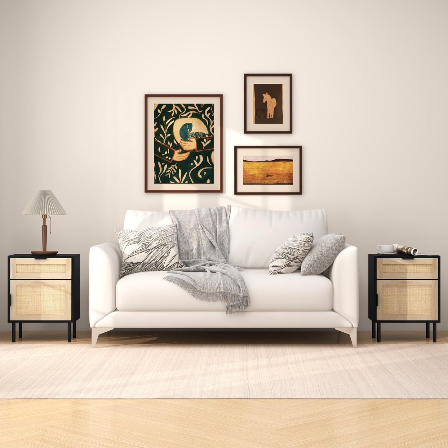 Set of 2 Rattan Nightstand with Drawer and Cabinet and Metal Legs