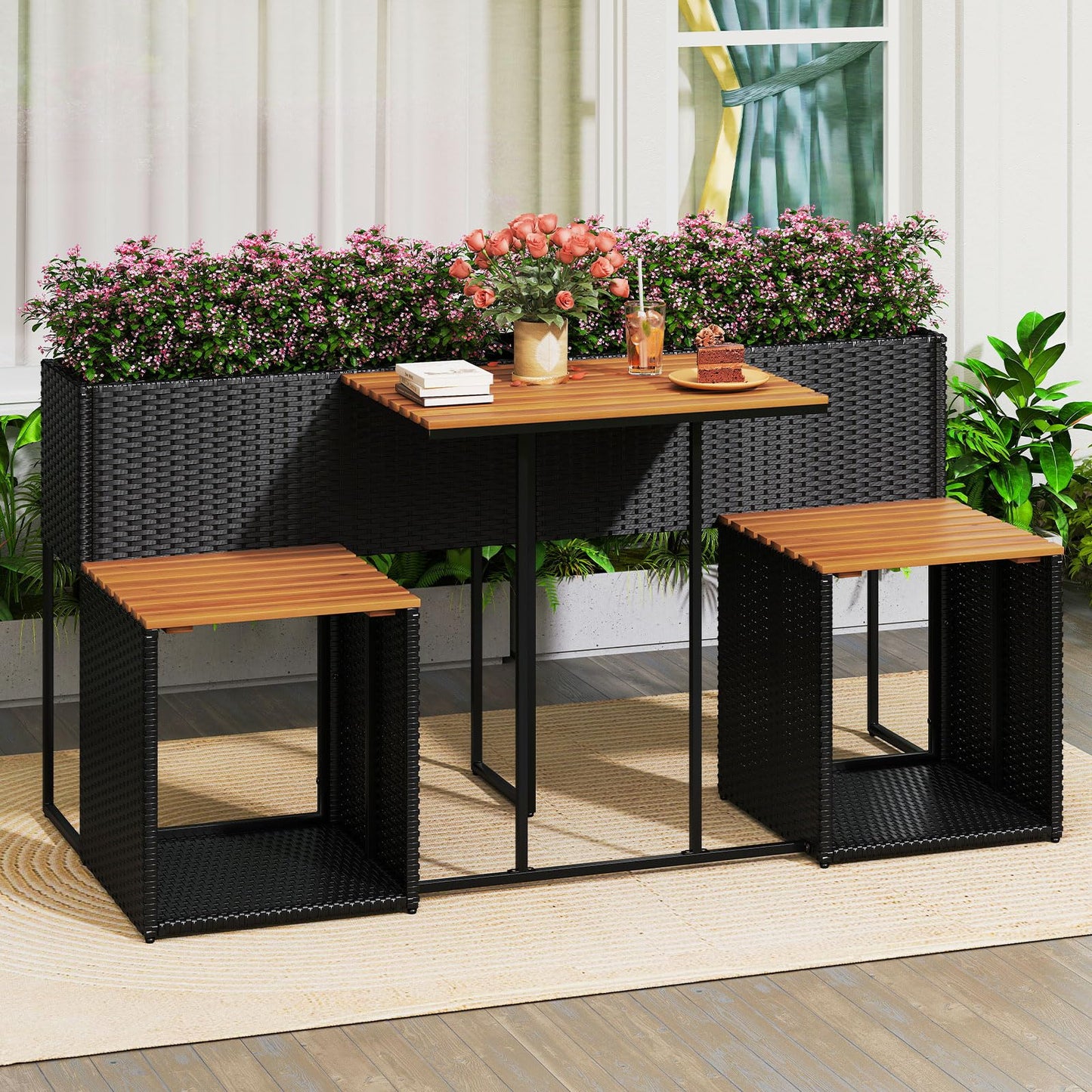 PE Rattan Garden Planter Table with Built-in Chairs and Storage Space