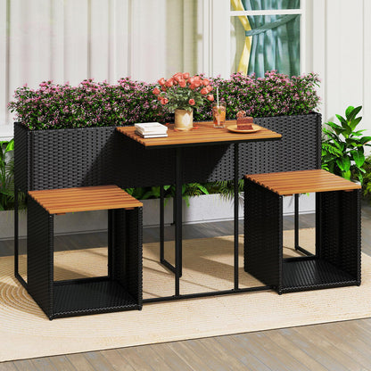 PE Rattan Garden Planter Table with Built-in Chairs and Storage Space